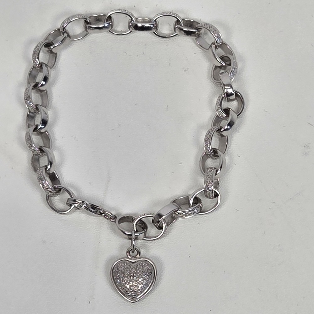 Sterling Silver 925 Heart Charm Links Bracelet, 7 1/8 in, 14.36 g